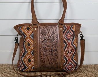 Myra Genuine Hand Tooled Leather Country Western Southern Purse Crossbody Shoulder Tote Bag Upcycled Canvas