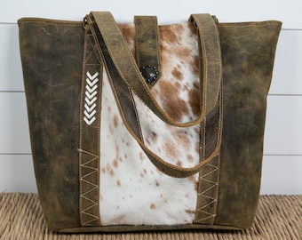 Large Leather Tote Bag / Cowhide Purse / Western Boho Style