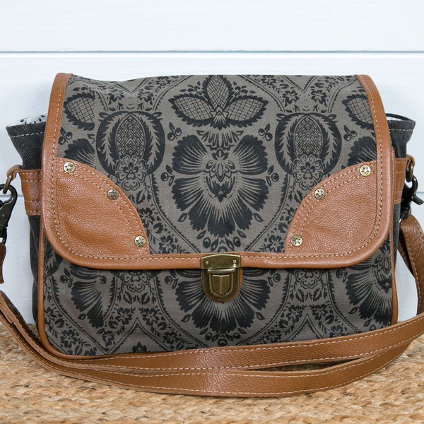 Myra Shoulder / Crossbody Bag Upcycled Canvas Bag Leather Flap Closure Messenger Purse