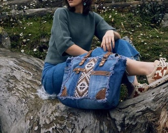 Myra Bag Upcycled Denim Tote Bag / Shoulder Purse Leather Woman's Handbag Vintage Denim Fringe