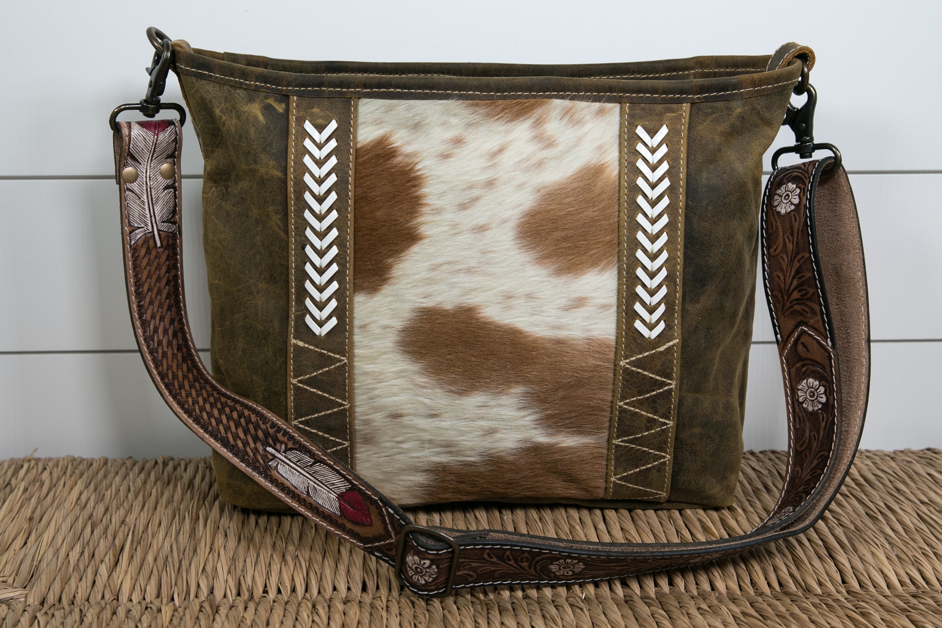 Patsy Shops Tooled Cowhide Fringe Crossbody Purse