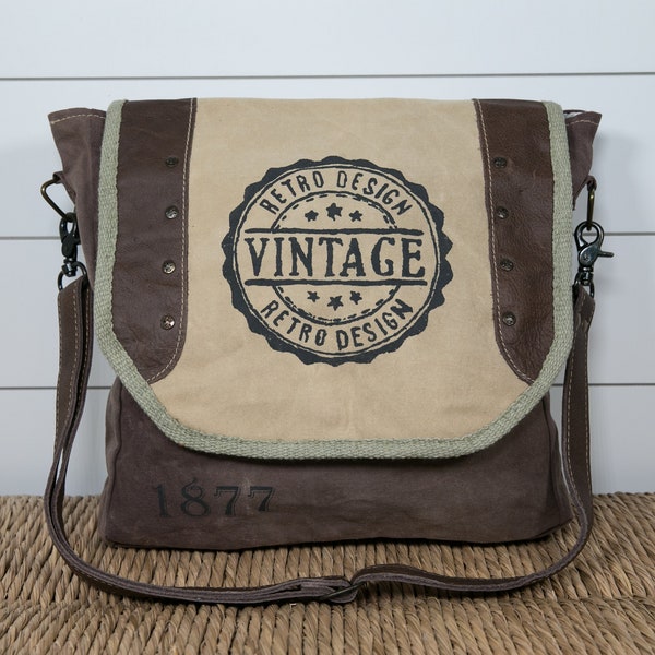 Upcycled Canvas Messenger Bag Vintage Shoulder / Crossbody Bag Purse Repurposed Canvas