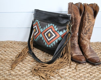 Women's Upcycled Crossbody / Shoulder Bag Purse Aztec Repurposed  Canvas Leather Fringe Handbag