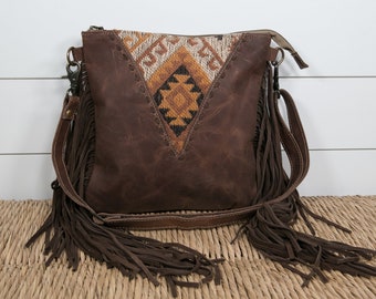 Women's Upcycled Crossbody / Shoulder Bag Purse Aztec Repurposed Rug Canvas Leather Fringe