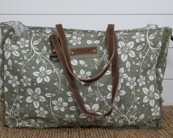 Floral Print Tote Bag / Weekend Bag / Travel Bag Carry On Upcycled / Repurposed Canvas Large Purse Flower Print