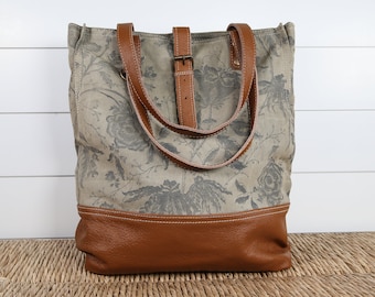Upcycled Tote Bag Purse Shoulder Handbag Repurposed Floral Print Canvas