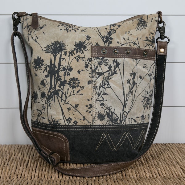 Floral Print Upcycled Crossbody / Shoulder Leather Adjustable Strap Bag Purse Repurposed Boho Chic Stylish Handbag