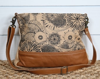 Floral Print Shoulder Purse / Crossbody Bag Upcycled Jute Genuine Leather