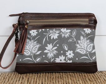 Petals on Gray Pouch Wristlet Small Floral Bag Upcycled Canvas Purse