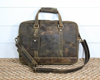 Leather Laptop Bag / Leather Computer Bag / Distressed Brown Leather / Messenger Bag / Adjustable Leather Strap / Crossbody Shoulder Bag