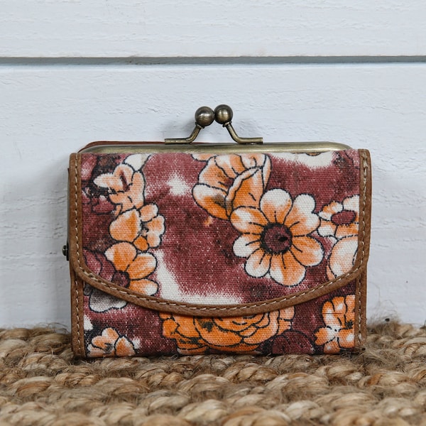 Floral Print Wallet Upcycled Repurposed Canvas Coin Purse Card Case