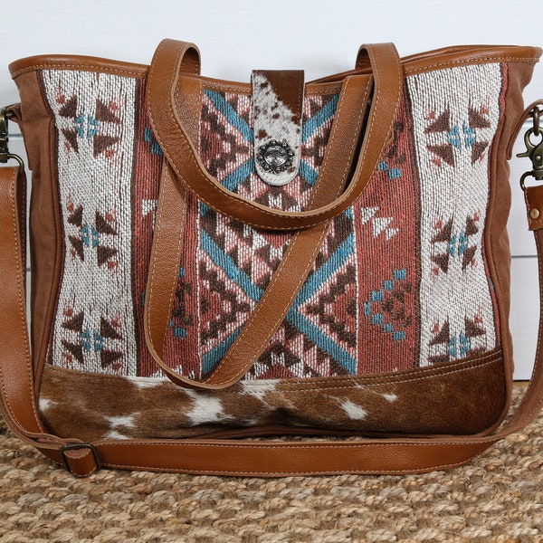 Western Style Large Shoulder / Crossbody Bag / Tote Bag / Weekend Bag / Travel Bag Upcycled / Repurposed Canvas / Large Purse Aztec Print