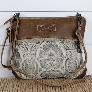 Floral Flow Small Crossbody Purse Upcycled /Repurposed Canvas Vintage Inspired Fringe Leather Details Wristlet