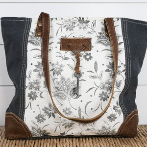 Myra Abstract Key Upcycled Canvas Tote Bag Floral Print Leather Accents