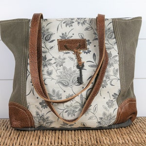 Myra Unique Key Upcycled Canvas Tote Bag Floral Print Leather Accents