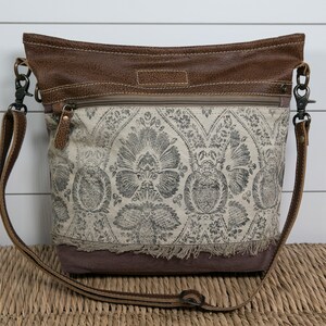 Floral Print Crossbody / Shoulder Purse Upcycled /Repurposed Canvas Vintage Inspired Fringe Leather Details