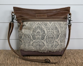 Floral Print Crossbody / Shoulder Purse Upcycled /Repurposed Canvas Vintage Inspired Fringe Leather Details