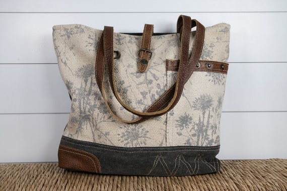 Upcycled Floral Print Shoulder Purse / Tote Bag Leather Straps 
