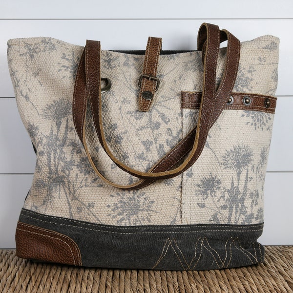 Upcycled Floral Print Shoulder Purse / Tote Bag Leather Straps Repurposed Boho Chic Stylish Handbag