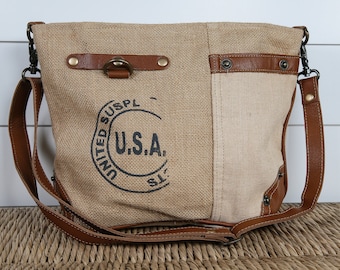 USA Print Upcycled Canvas Military Shoulder / Crossbody Bag Organic Jute