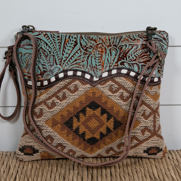 Myra Upcycled Small Crossbody Wristlet Purse Repurposed Canvas Bag that includes Embossed Turquoise Leather Details