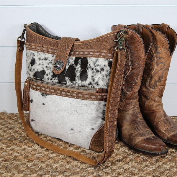 Large Leather Crossbody Bag / Shoulder Bag / Cowhide Purse / Western Boho Style / Upcycled Bag
