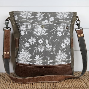 Crossbody / Shoulder Adjustable Upcycled Floral Bag Purse Repurposed Boho Chic Stylish Handbag Gray Leather