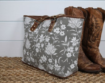 Floral Print Tote Bag / Travel Bag Carry On Upcycled / Repurposed Canvas Large Purse Flower Print