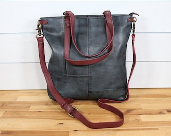 Leather Tote Bag with Crossbody Straps Blue Gray Leather Shoulder Purse Crossbody Bag Tote Bag