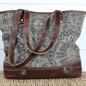 Floral Print Shoulder Bag / Tote Bag Upcycled Canvas Genuine Leather Boho Handbag