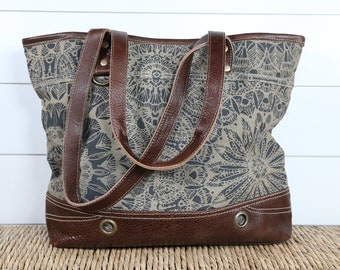 Floral Print Shoulder Bag / Tote Bag Upcycled Canvas Genuine Leather Boho Handbag