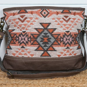 Myra Bag Maya Aztec Shoulder / Crossbody Bag Aztec Purse Upcycled Canvas Bag Leather Accent