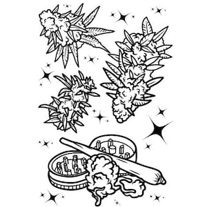 May include: Black and white line art illustration of marijuana buds and a grinder. The buds are surrounded by sparkling stars. The grinder has a rolling paper and a bud inside.