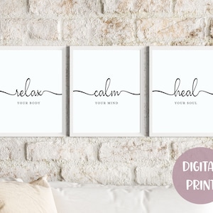Relax Calm Heal Wall Art, Massage Art, Meditation Quotes, Bathroom Wall Art, Set of 3 Printable Wall Art, Printable Poster, DIGITAL DOWNLOAD