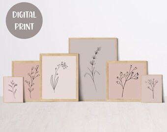 Botanical Line Art, Blush Pink Wall Art, Minimalist Flowers Print, Floral Botany Poster, Set of 6 Wall Art, Pastel Print, DIGITAL DOWNLOAD