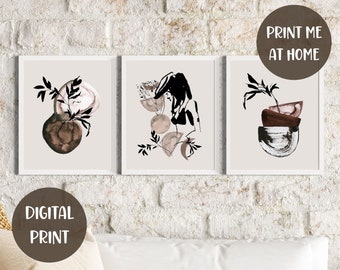 Japandi Decor, Neutral Wall Art, Scandi Wall Art, Vase Art Print, Beige Brown Poster, Set of 3 Printable Wall Art, DIGITAL DOWNLOAD