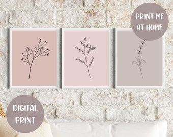 Botanical Line Art, Blush Pink Wall Art, Minimalist Flowers Print, Floral Botany Poster, Set of 3 Wall Art,Gallery Wall Art,DIGITAL DOWNLOAD
