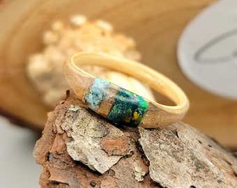 Ambrosia Maple Ring with Turquoise/Dragon Scale Opal Inlay, Nature Jewelry; Handcrafted Custom Wooden Ring, wedding, anniversary