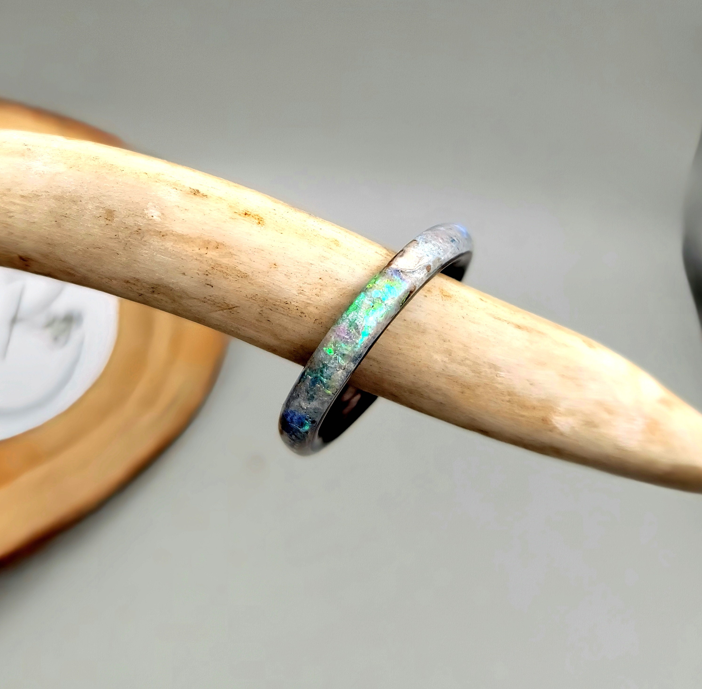 Handcrafted Wooden Ring, Ebony band with Custom Technique using Recycled Materials; Ebony Wood Ring, Statement Ring
