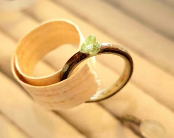 Wood/Bark Ring with Semi-Precious Solitaire; Wooden Statement Ring, Handcrafted nature ring, wedding, Dainty ring