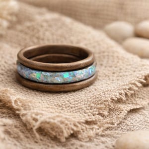 Anillos apilables de madera hechos a mano: roble gris y ébano con bandas con acabado artesanal