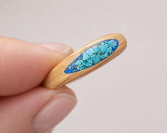 Handcrafted Wooden band, Oak Ring with Turquoise inlay | Wooden Jewelry