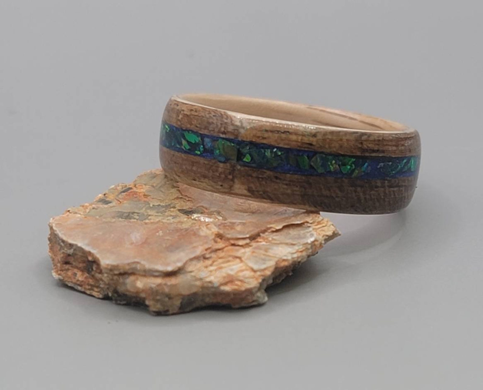 Handcrafted Wooden Band With Dragon Scale Opal Inlay Etsy