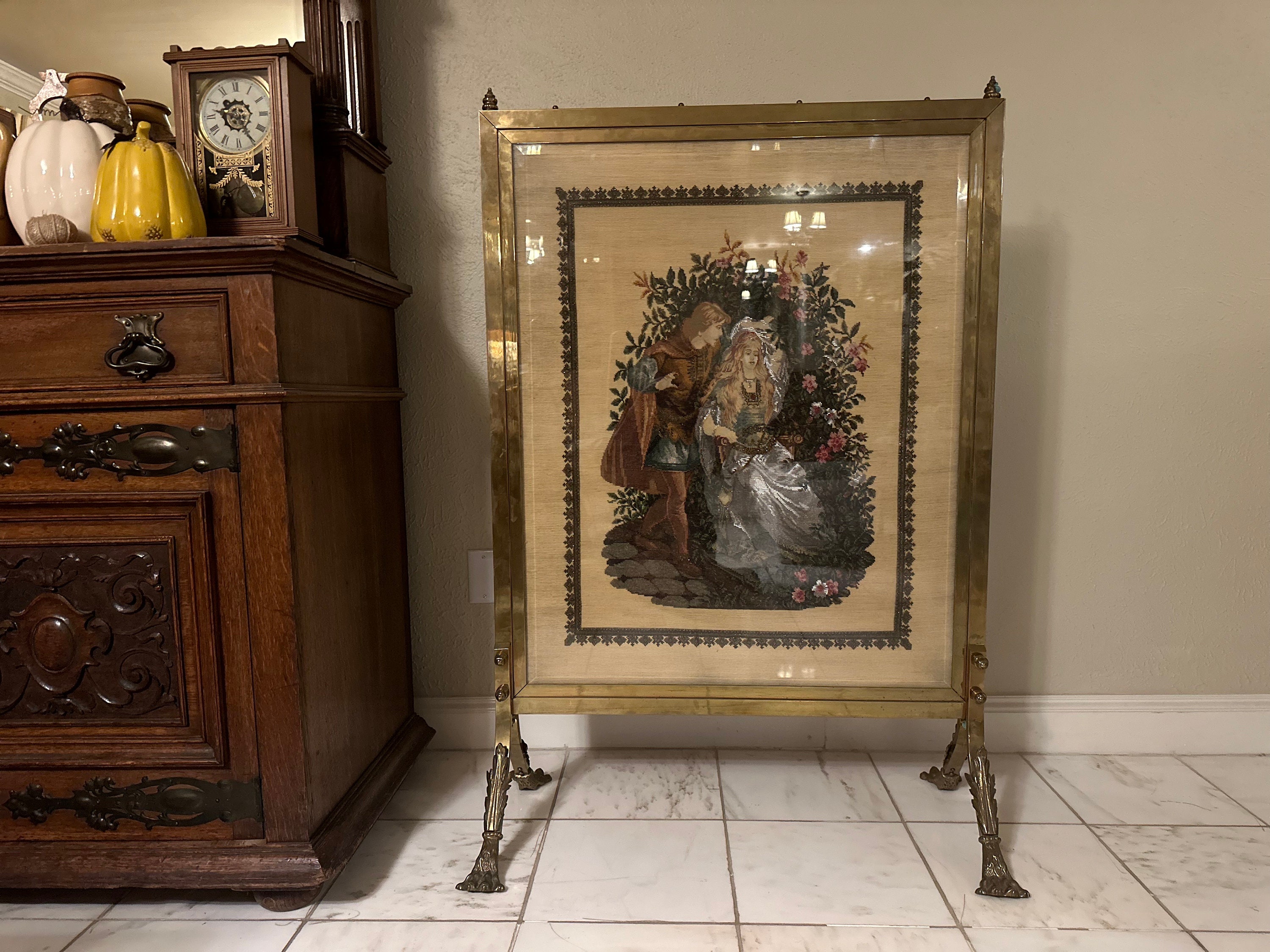 Antique Needlepoint Tapestry Fire Screen Etsy