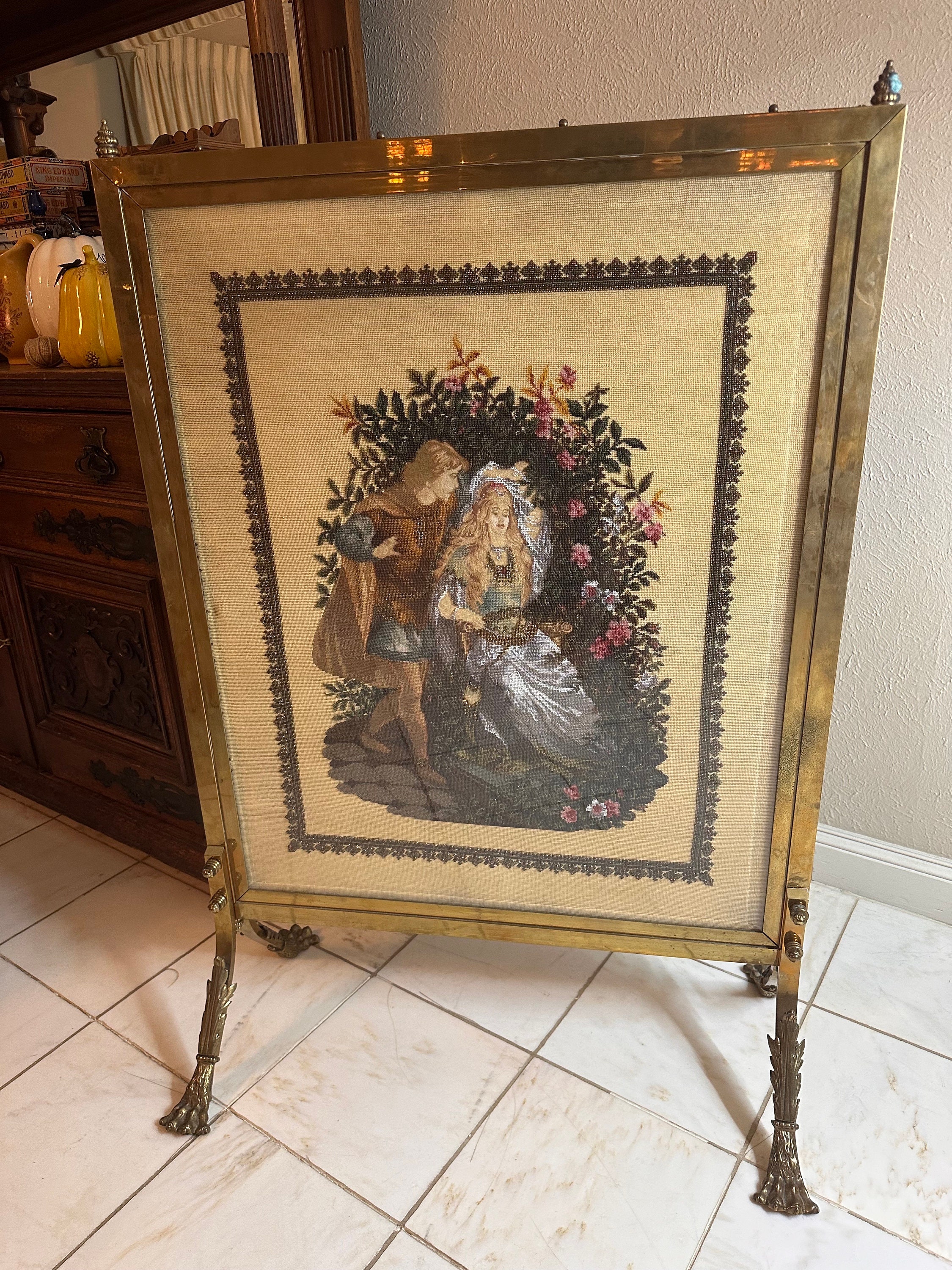 Antique Needlepoint Tapestry Fire Screen Etsy
