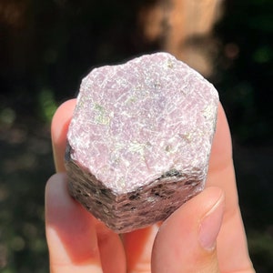 May include: A rough, pink ruby crystal with a hexagonal shape. The crystal has a natural, unpolished finish and is a beautiful example of this gemstone.