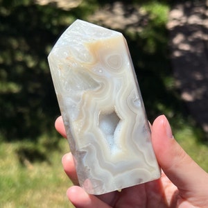 Druzy Agate Tower with Banding and Quartz, 4.40” | Agate with Quartz | Banded Agate Tower