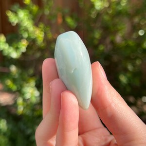 May include: A light green, smooth, polished, teardrop-shaped gemstone.
