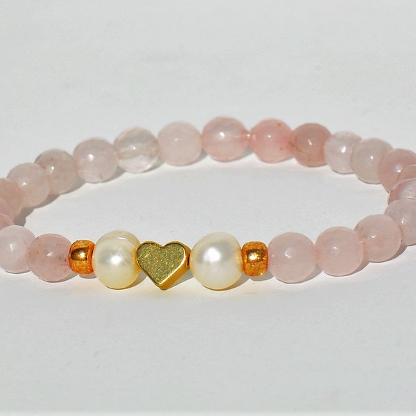 Bracelet femme pour attirer l'amour, quartz rose et coeur, pierre quartz naturel, amour, femme, coeur. Favorise l’unité entre les gens.