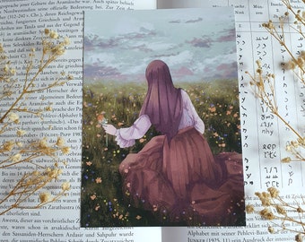 Floral Postcard | Vintage Postcard | Meadow | Sky | Islamic art | Hijab